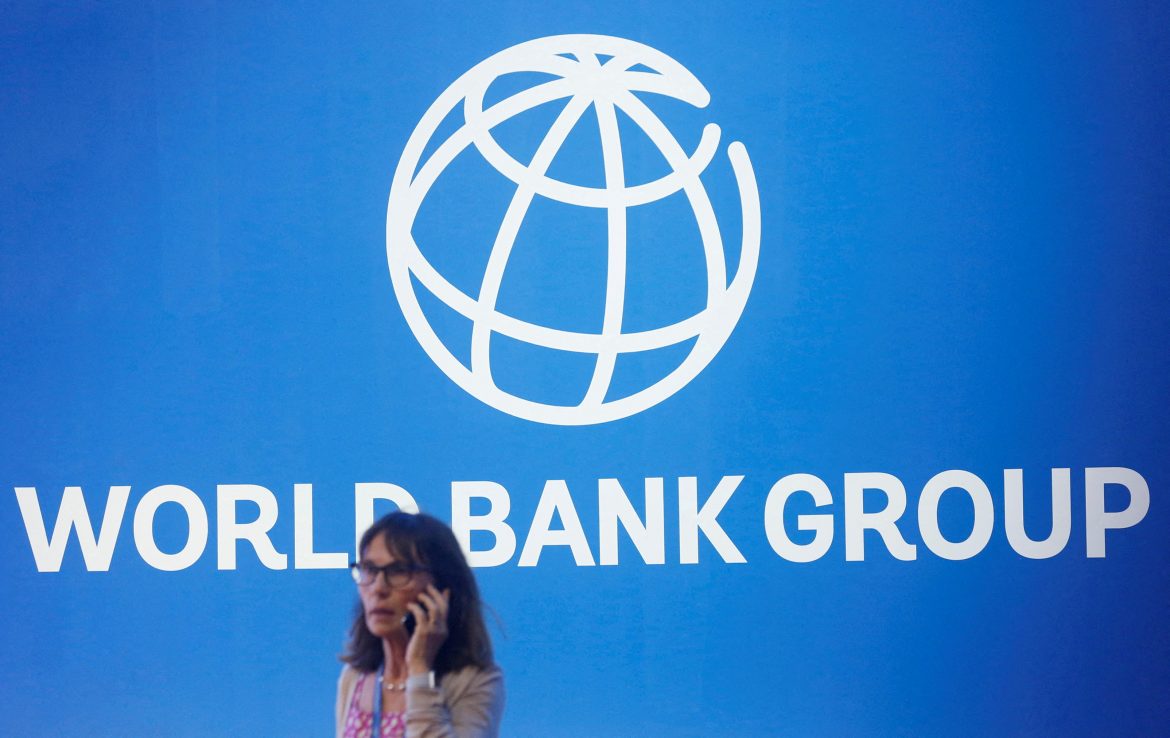 FILE PHOTO: A participant stands near a logo of World Bank at the International Monetary Fund – World Bank Annual Meeting 2018 in Nusa Dua