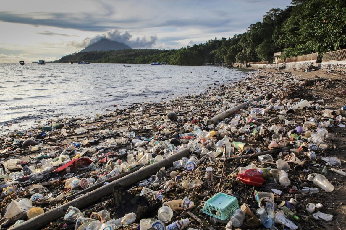 Plastic trash and other toxic debris polluting the coastline of Bunaken Island, Sulawesi, Indonesia