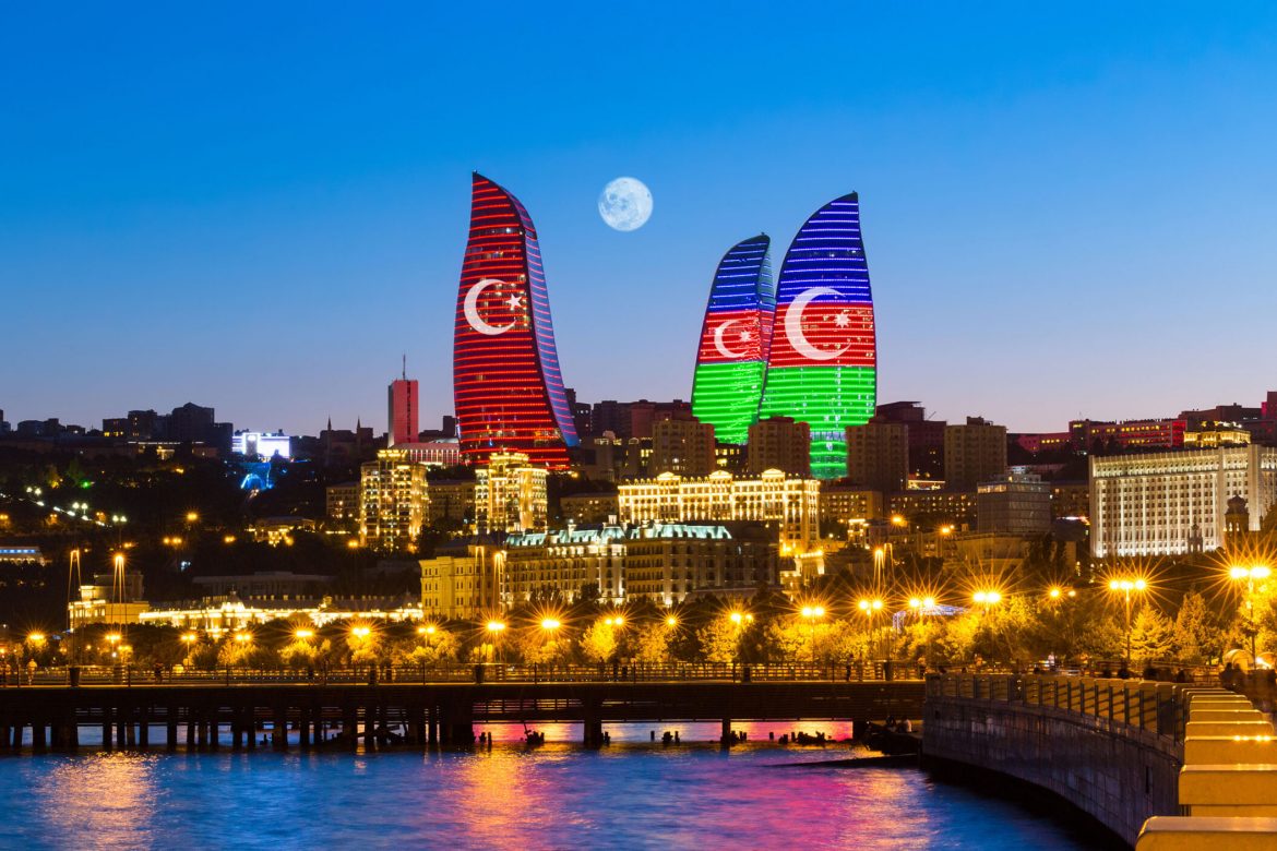 Baku,,Azerbaijan,-,September,22,,2020:,Flame,Towers,In,The